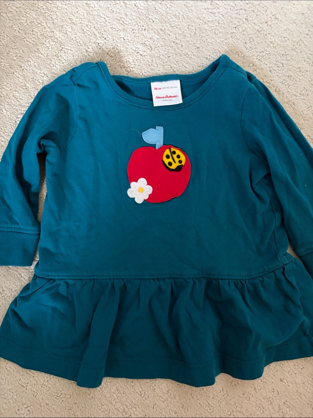 Hanna Andersson Teal Long-Sleeve Top with Red Apple Appliqué